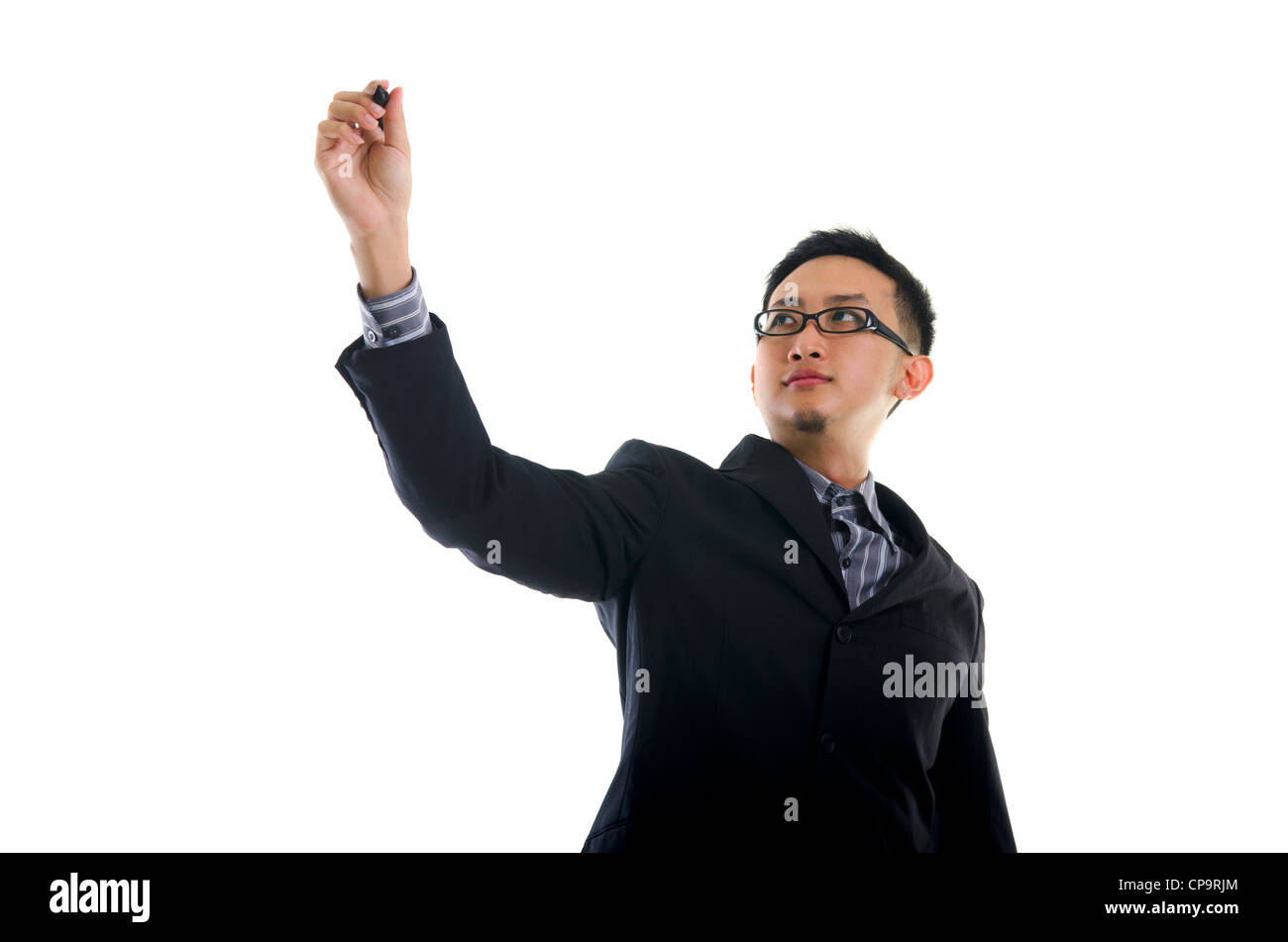 asian male writing something on glass board with marker Stock Photo - Alamy
