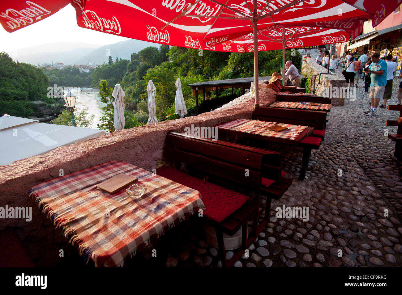 Neretva river from a restaurant.Mostar.Bosnia- Herzegovina.Balkans.Europe. Stock Photo