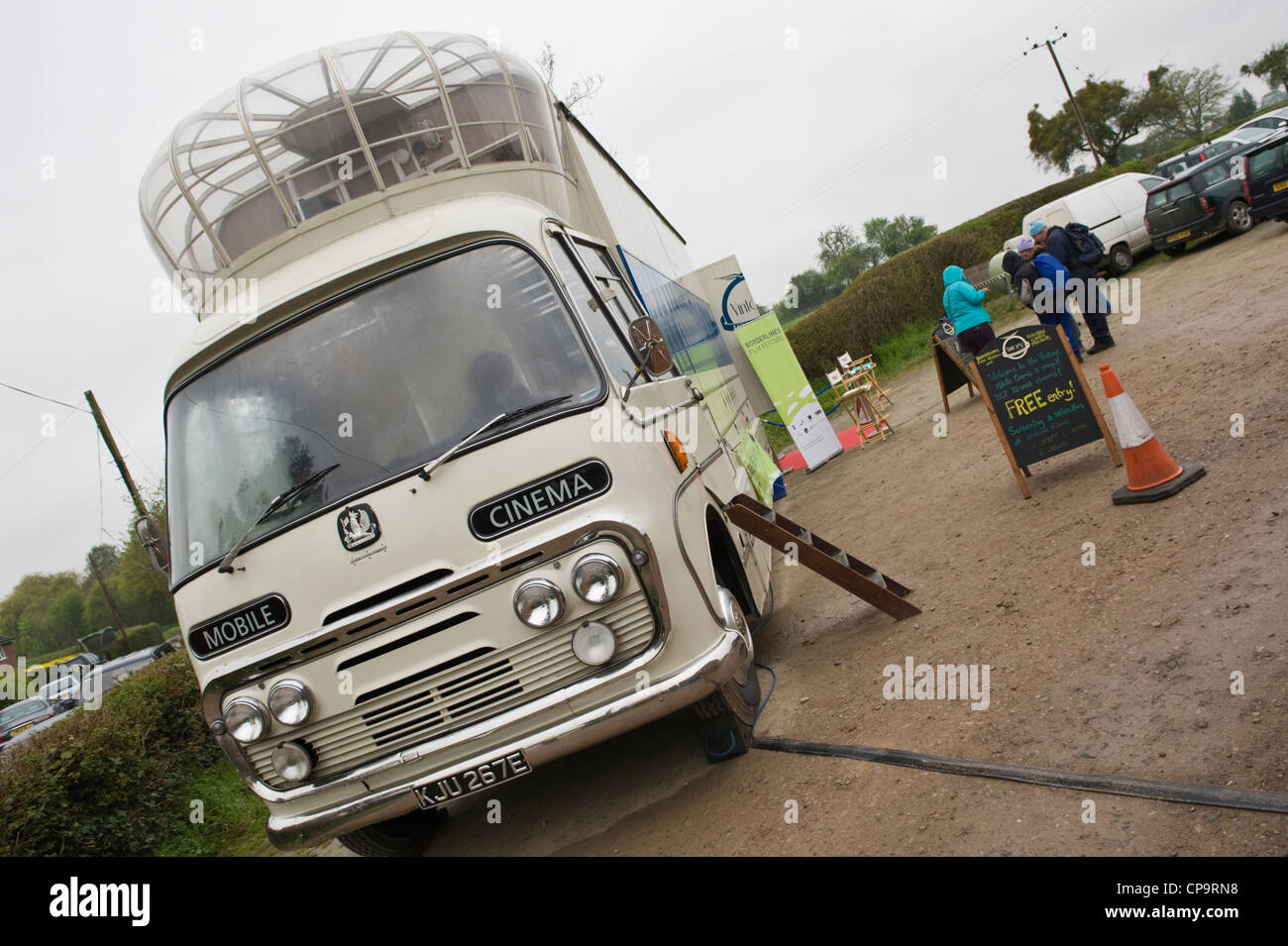 Borderlines mobile cinema outside THE BIG APPLE BLOSSOMTIME festival in the village hall Putley near Hereford Herefordshire England UK Stock Photo