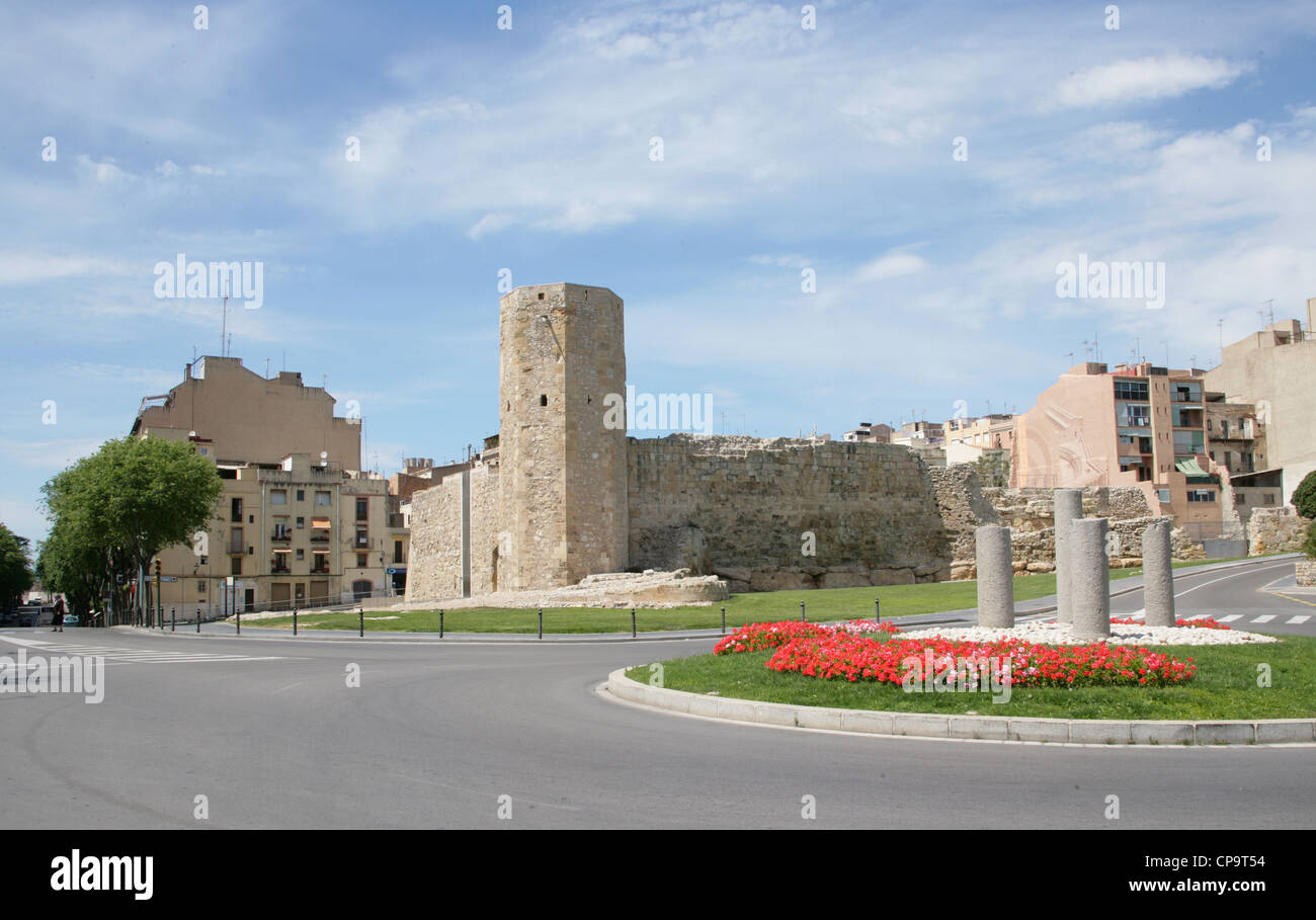 Spain. Catalonia. Tarragona. Tower defense of Medieval Wall (Muralleta or Mur Nou). Octagonal plant. 14th century. Stock Photo