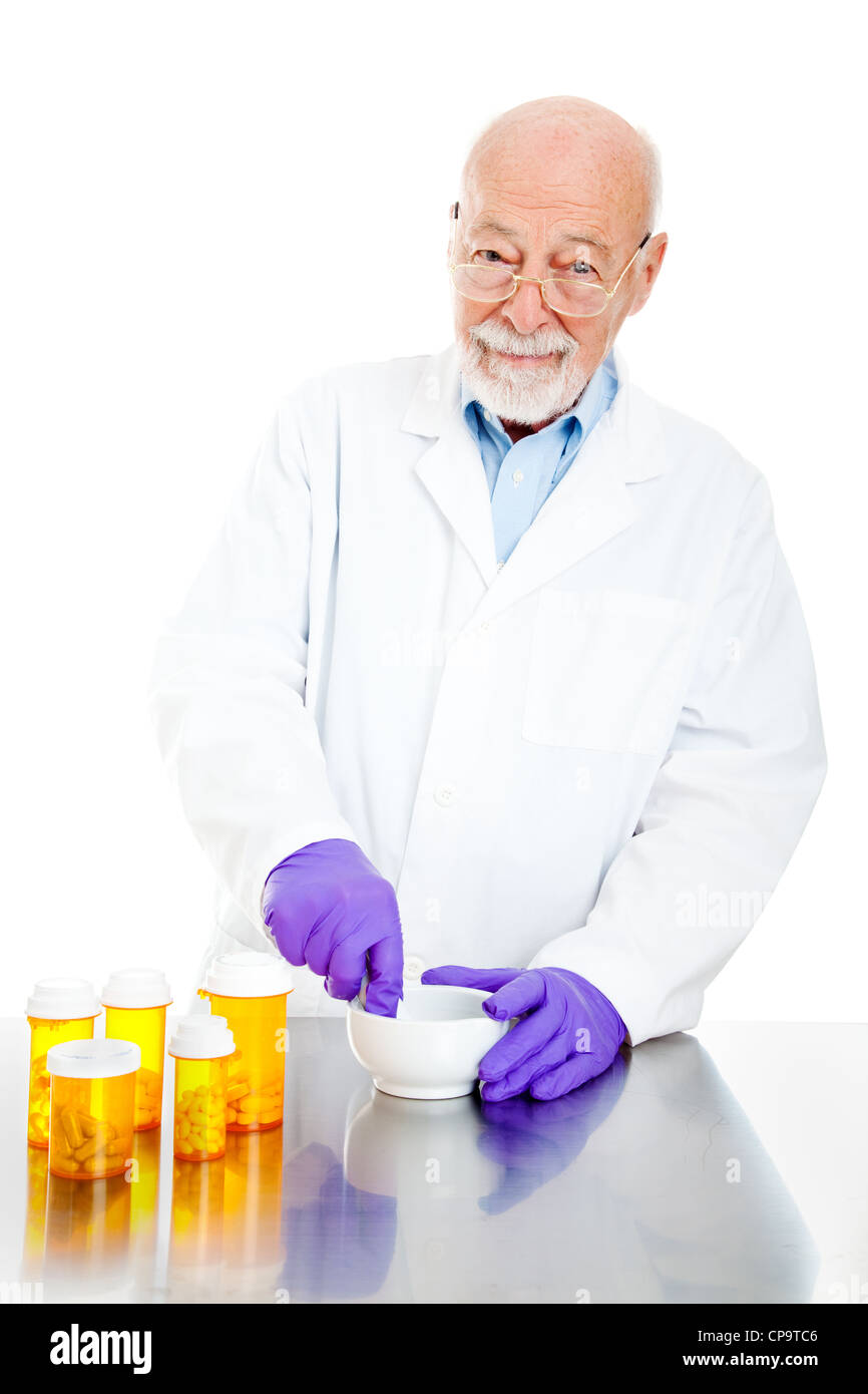 Pharmacist with a mortar and pestle, filling prescriptions. Isolated on