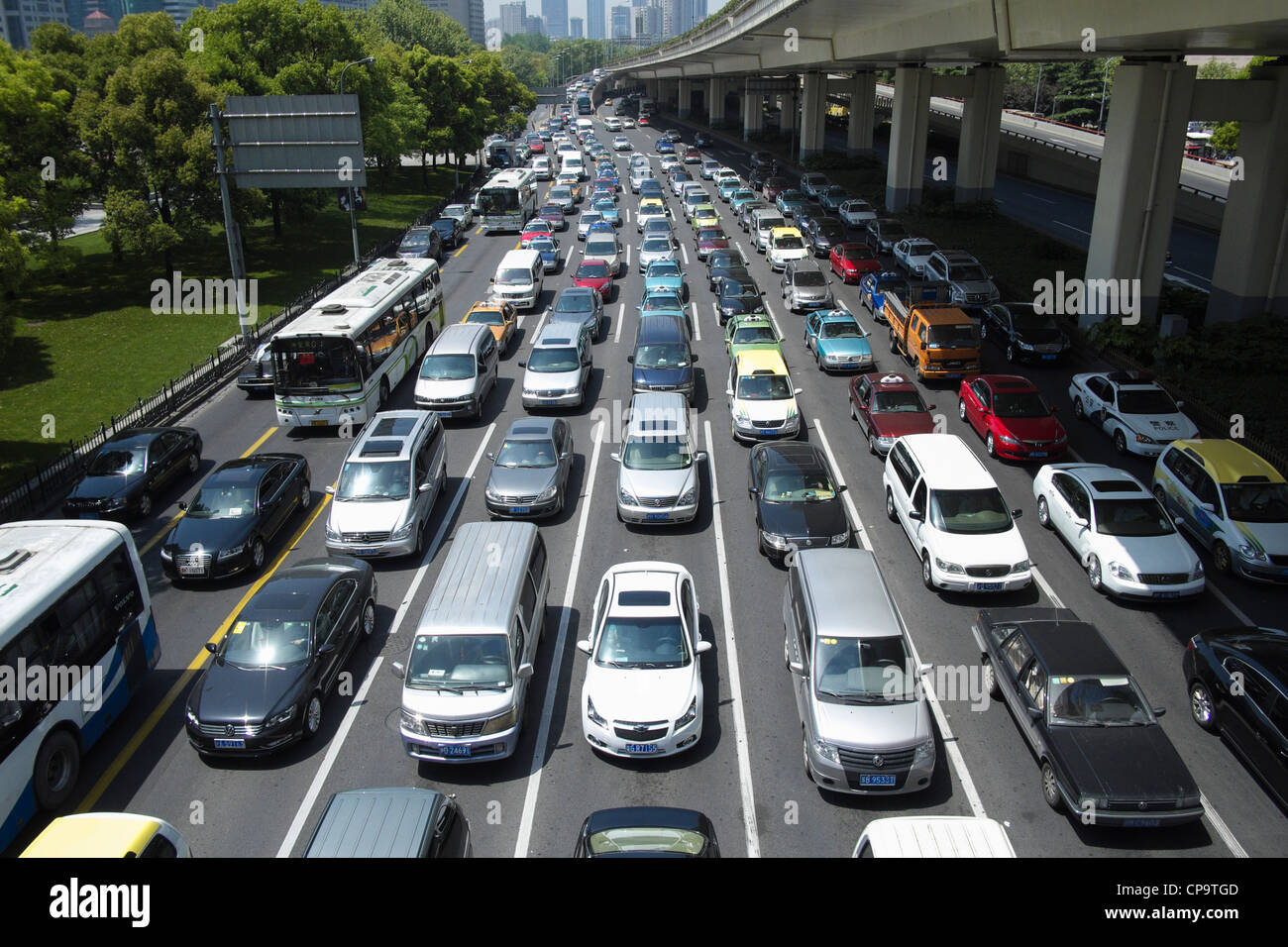 Traffic jam in central Shanghai China Stock Photo