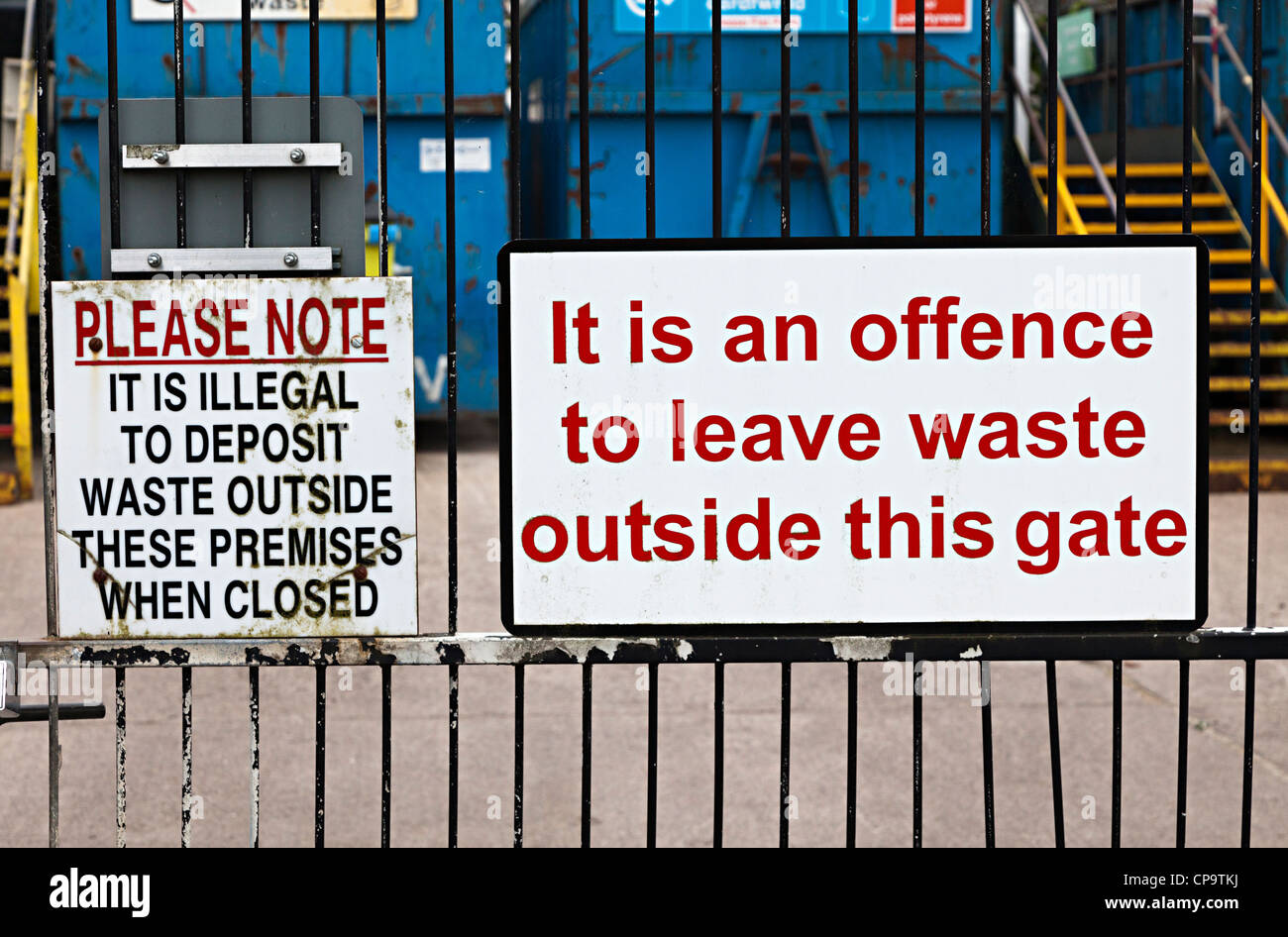 Signs on gate to recycling centre, Usk, Monmouthshire, Wales, UK Stock Photo