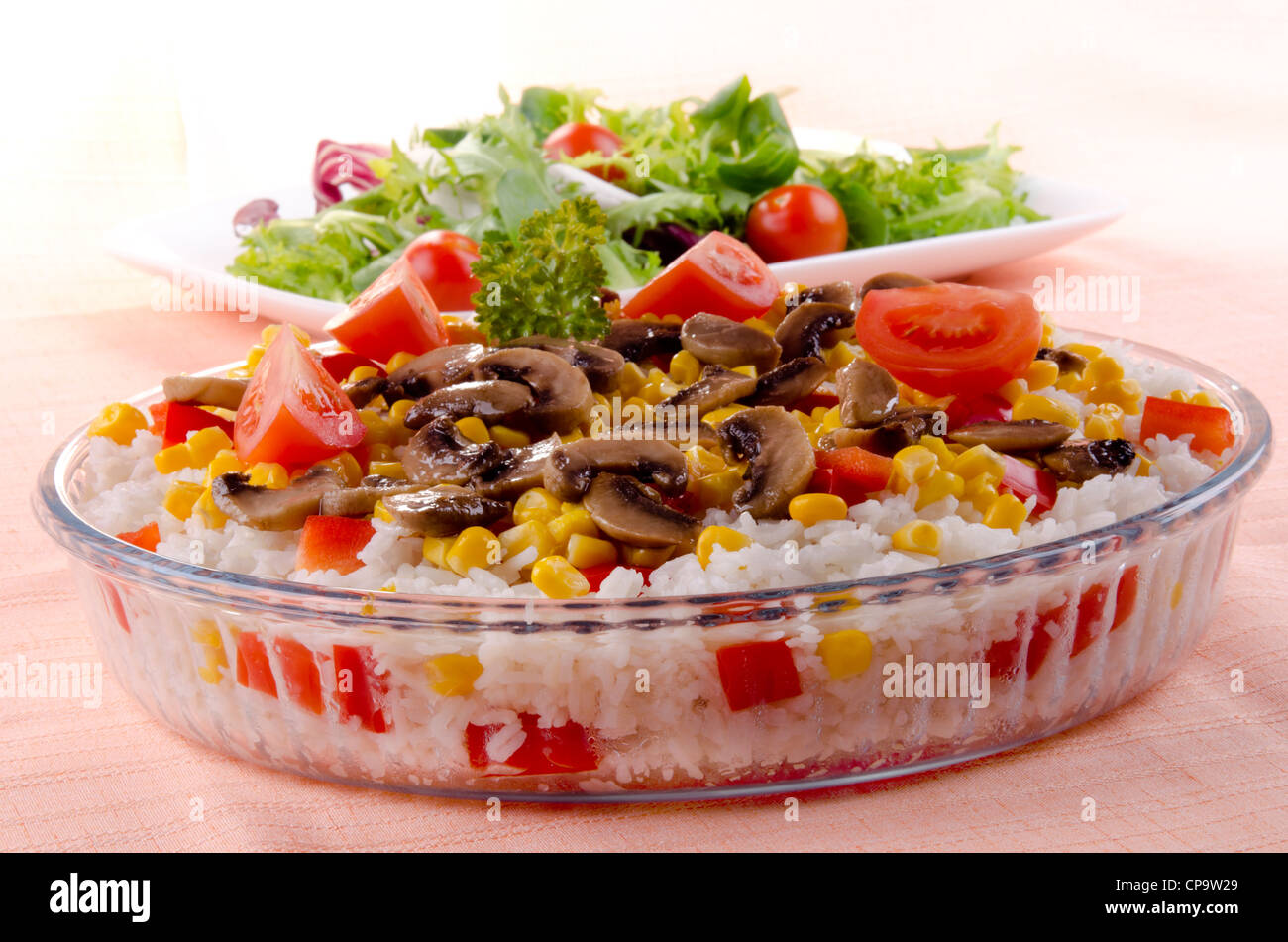 Rice bowl with diced peppers, corn and mushroom Stock Photo