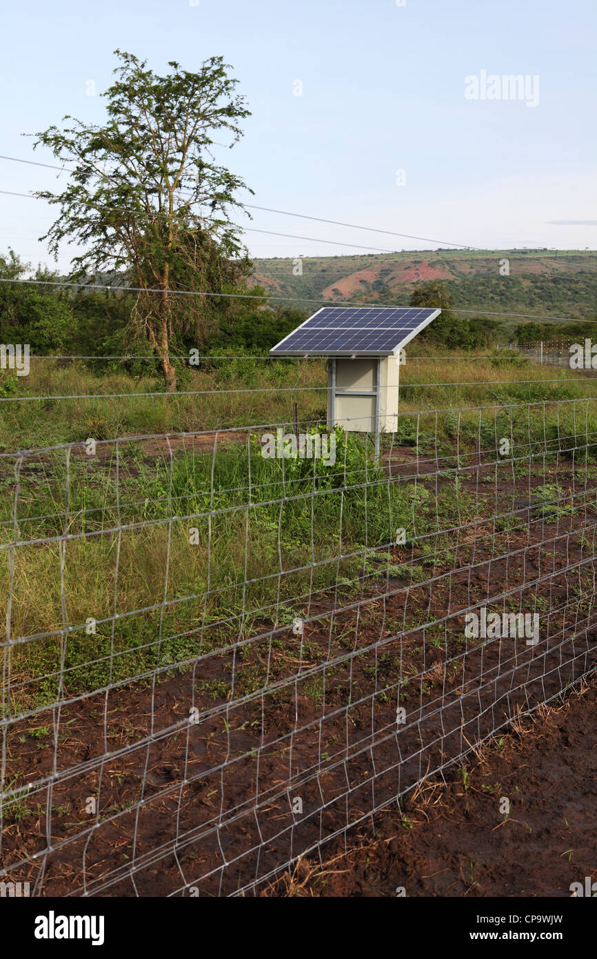The electrified fence that is being built around the boundary of Akagera National Park, Rwanda. Stock Photo