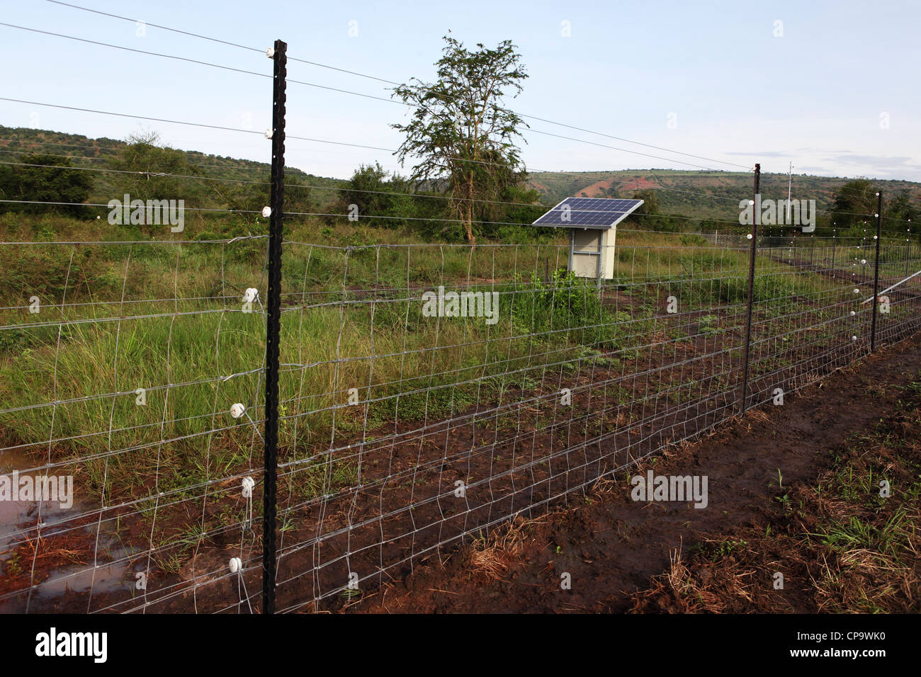 Electrified fence at Akagera National Park, Rwanda. Stock Photo