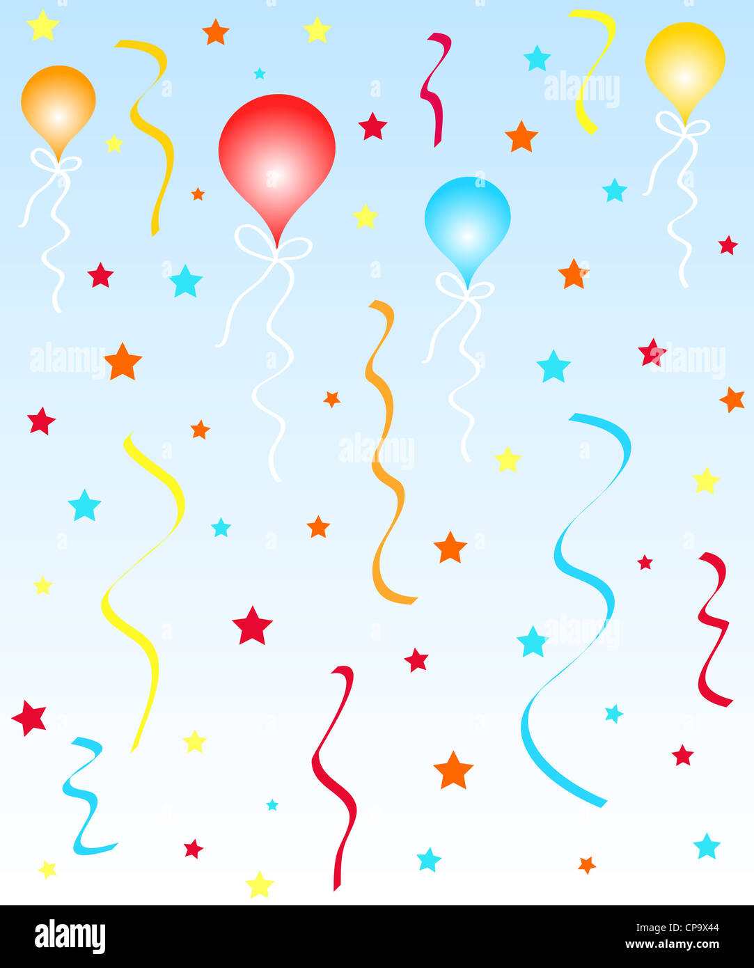 Colorful celebration balloons, ribbons and stars Stock Photo