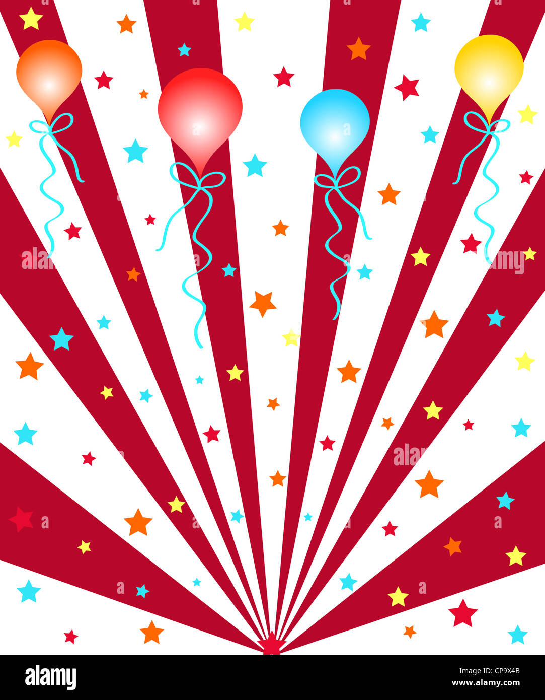 Celebration balloons and stars with red rays Stock Photo