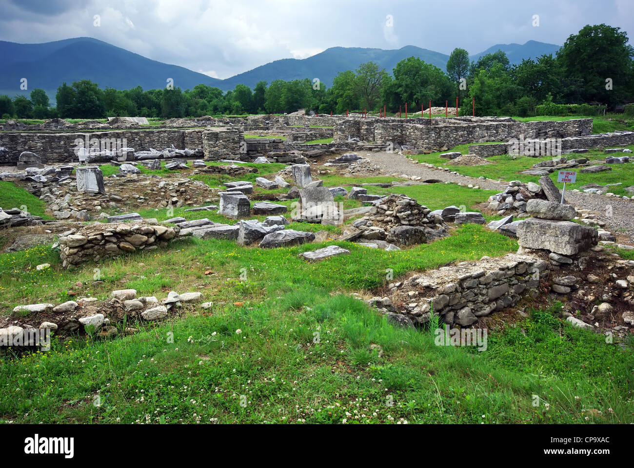 Roman ruins. Fragments of Latin tablets at roman colony Ulpia Traiana Augusta Dacica Sarmizegetusa. Stock Photo