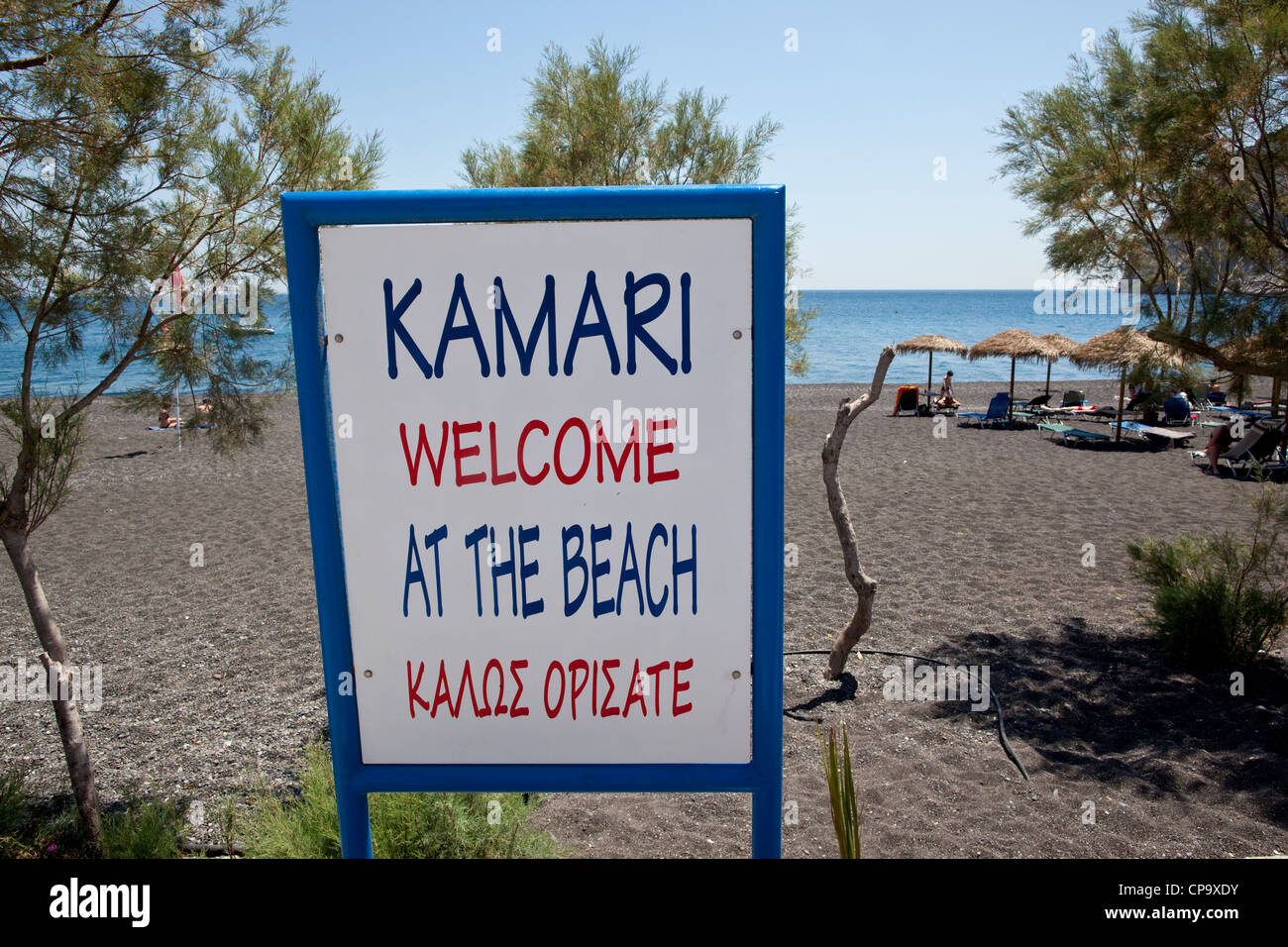Kamari beach sign welcoming tourists, Santorini, Greek Islands Stock Photo
