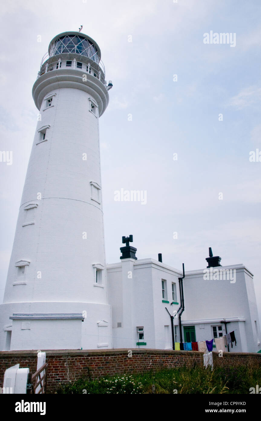 Exterior closeup of Flamborough Head Lighthouse, whitepainted