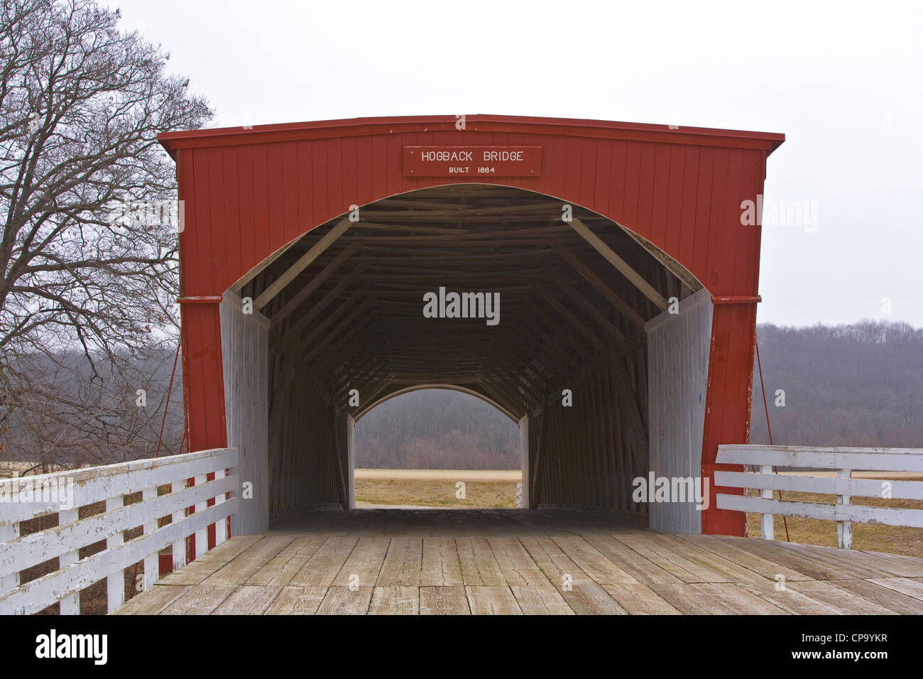 Hogback Bridge in Madison County Iowa, USA, is one of the few remaining covered bridges. Stock Photo