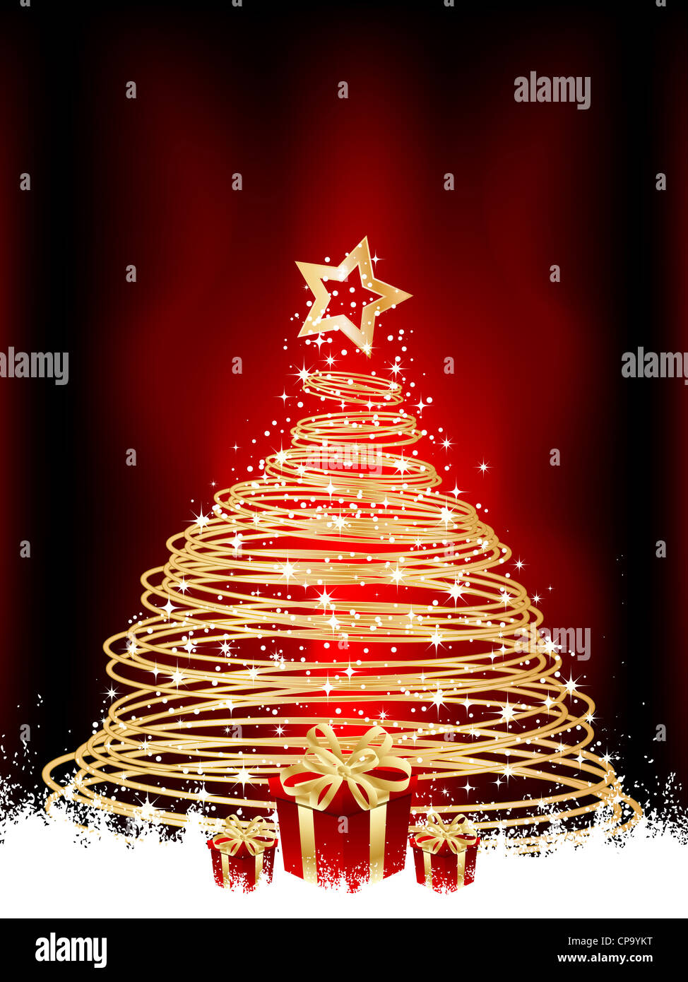 Metallic gold Christmas tree and gifts on a snowy background Stock ...