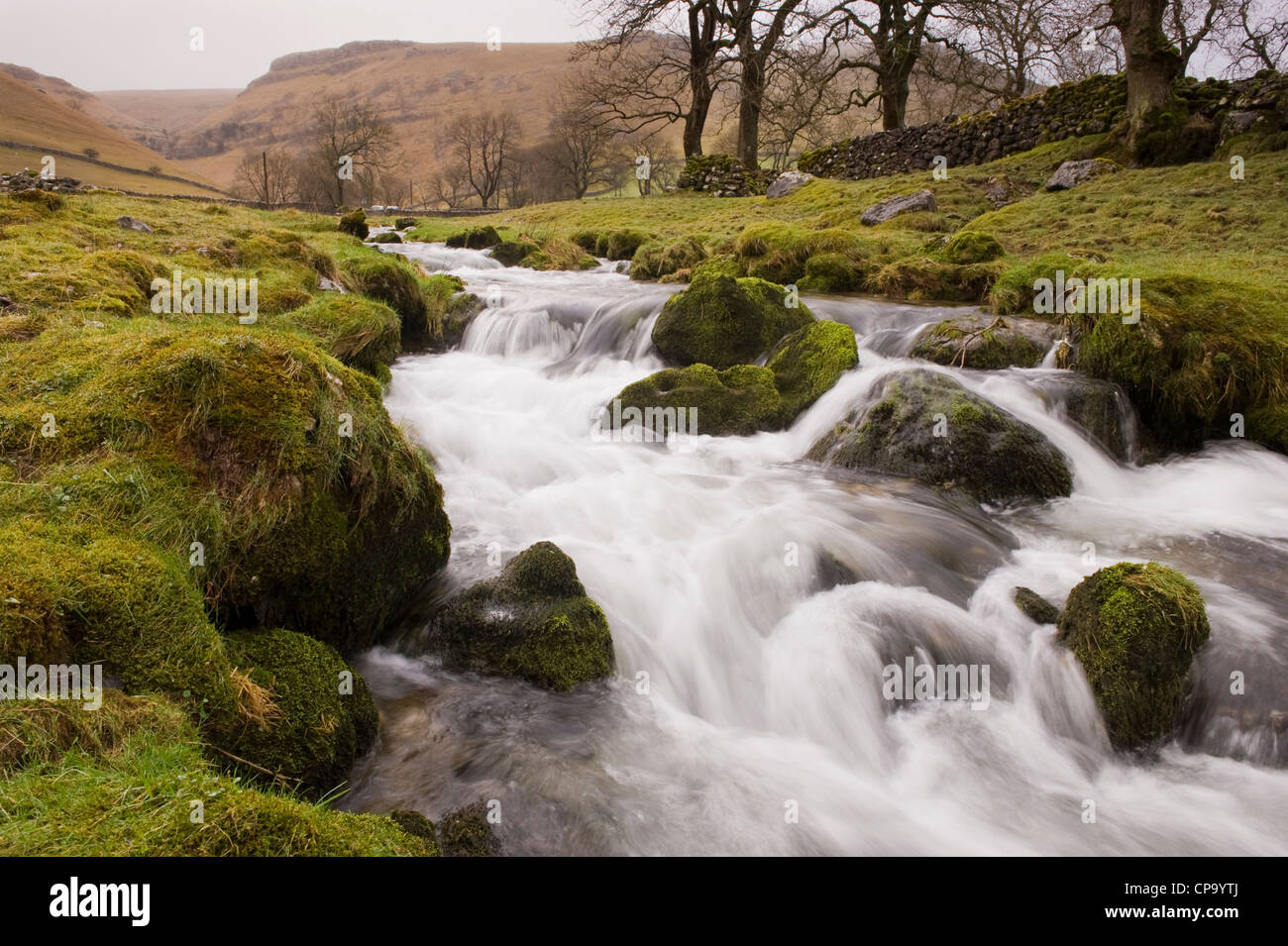 Water in Gordale Beck stream rushing & flowing down over rocks in peaceful winter hilly countryside - near Malham, Yorkshire Dales, England, UK. Stock Photo