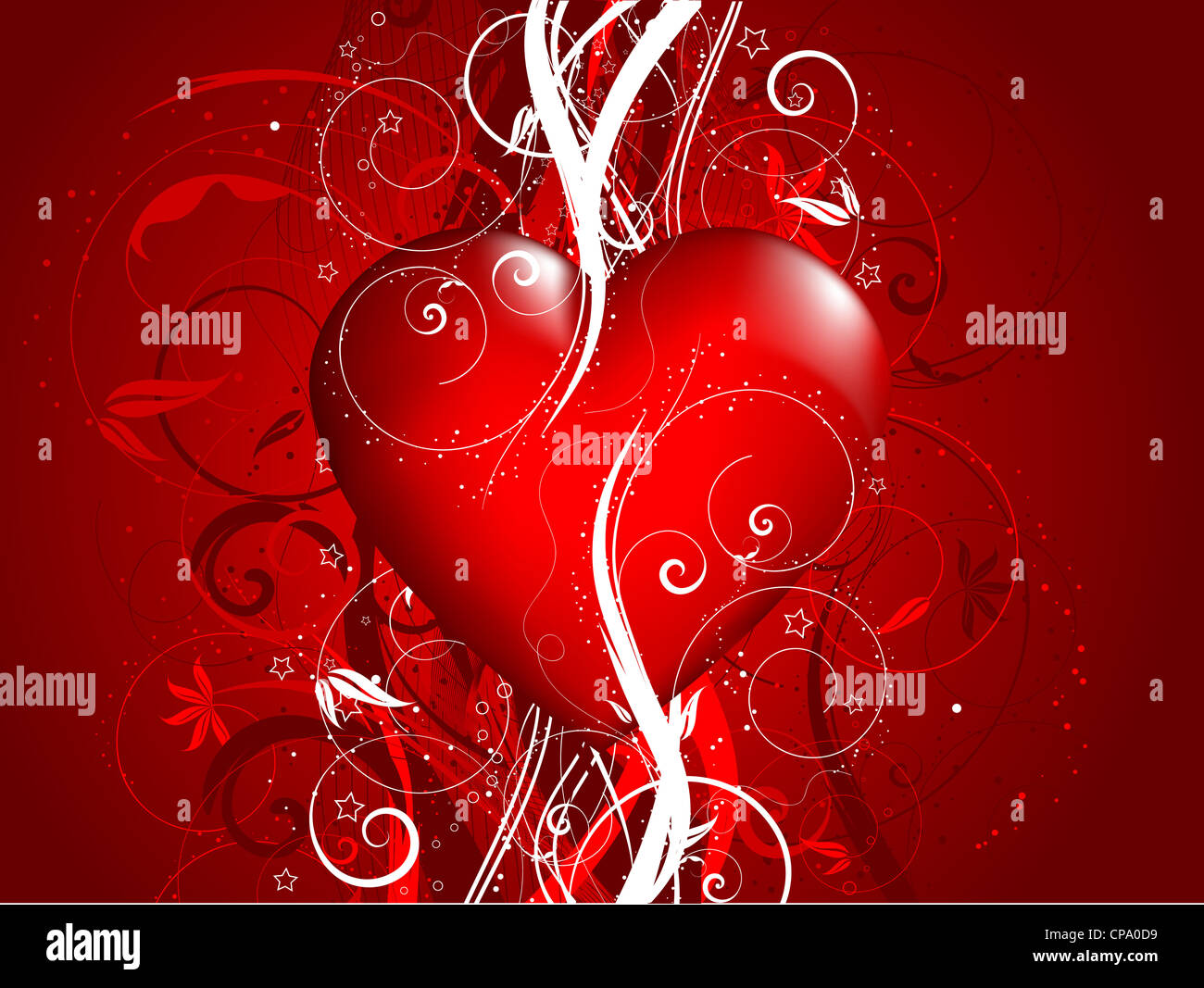 Glossy red heart on a decorative floral background Stock Photo - Alamy