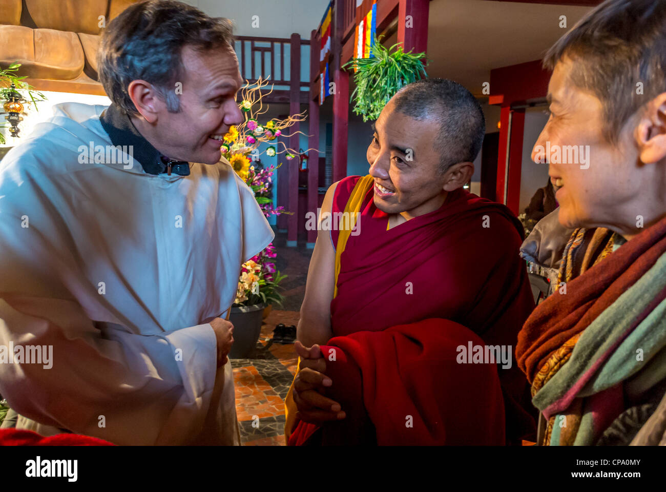Paris, France, Interfaith Buddhist Festival, Meeting French Protestant Priest and Nun, Temple, religious meeting, different cultures religion, interfaith discussion Stock Photo