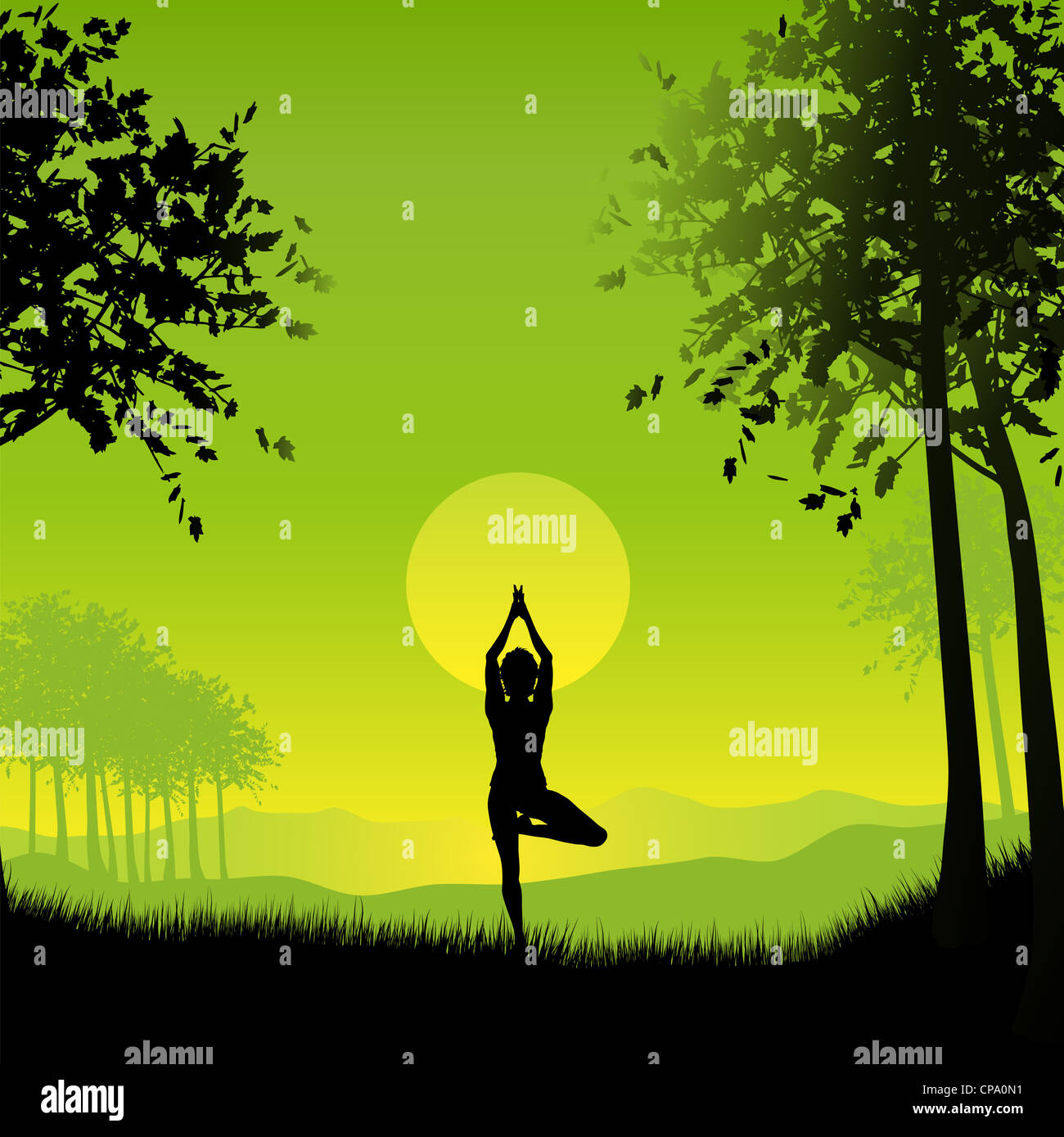 Silhouette of a female in a yoga pose under a sunset sky Stock Photo ...