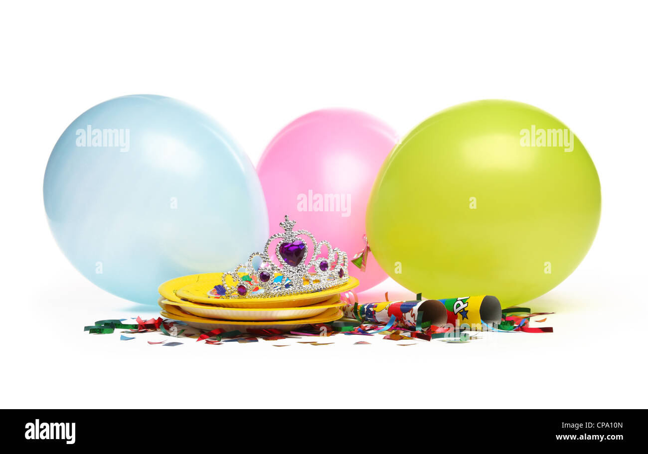 Birthday party decorations on white background Stock Photo