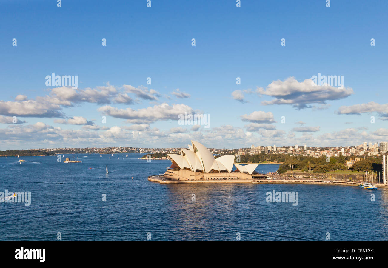 Sydney Opera House and harbour, in beautiful late afternoon light, from Sydney Harbour Bridge. Stock Photo