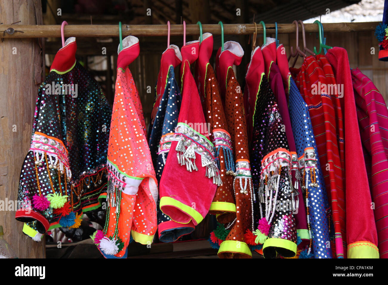 Colorful clothing made by Hill Tribe people in Chiang Mai, Thailand Stock Photo