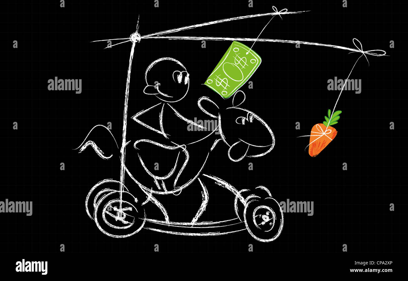Humorous illustration of a person chasing money over a horse that in turn chases a carrot. Representing struggle for incentives - CLIPART STICK Stock Photo