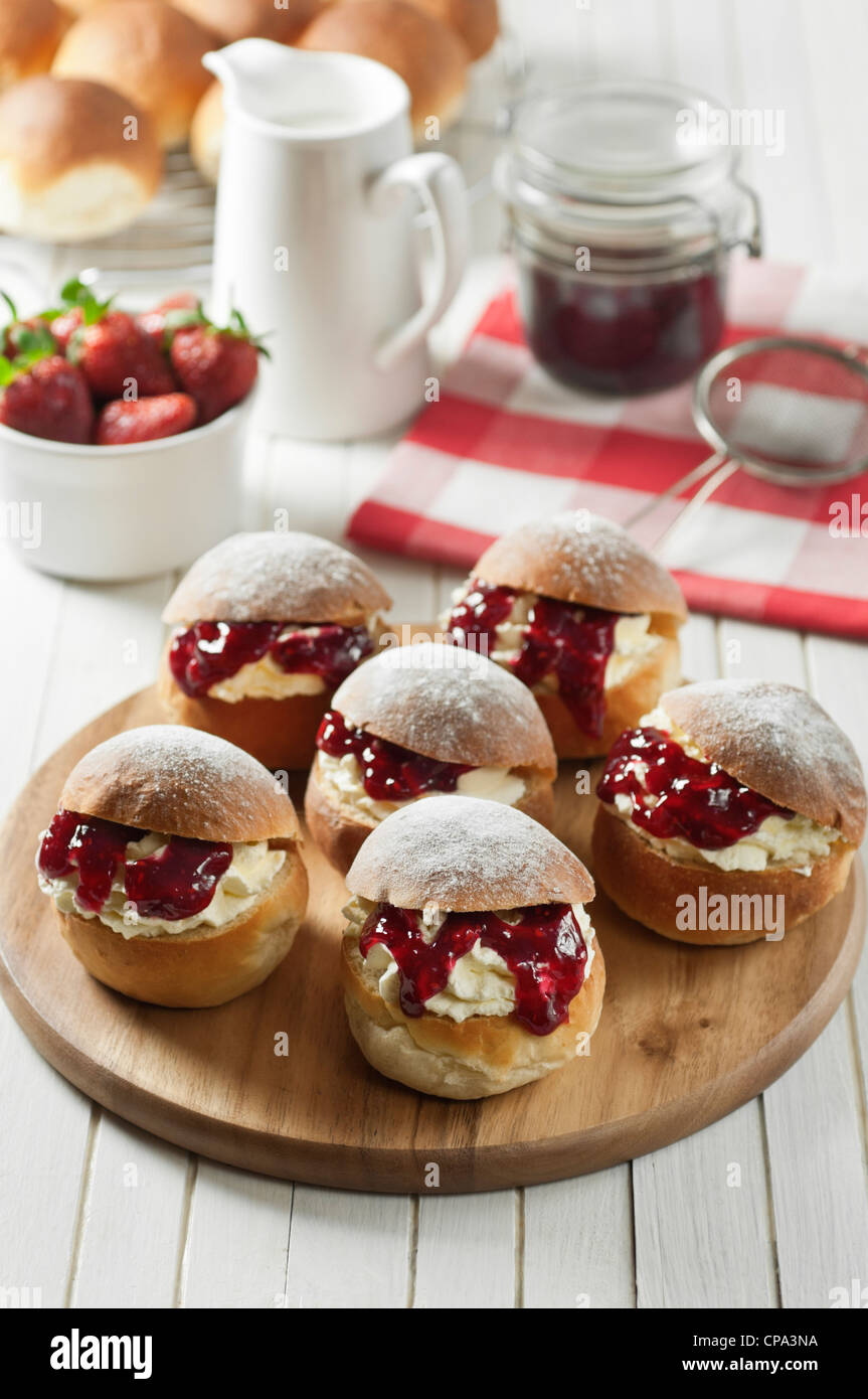 Devonshire splits. Jam and cream buns from the west country. UK food Stock Photo