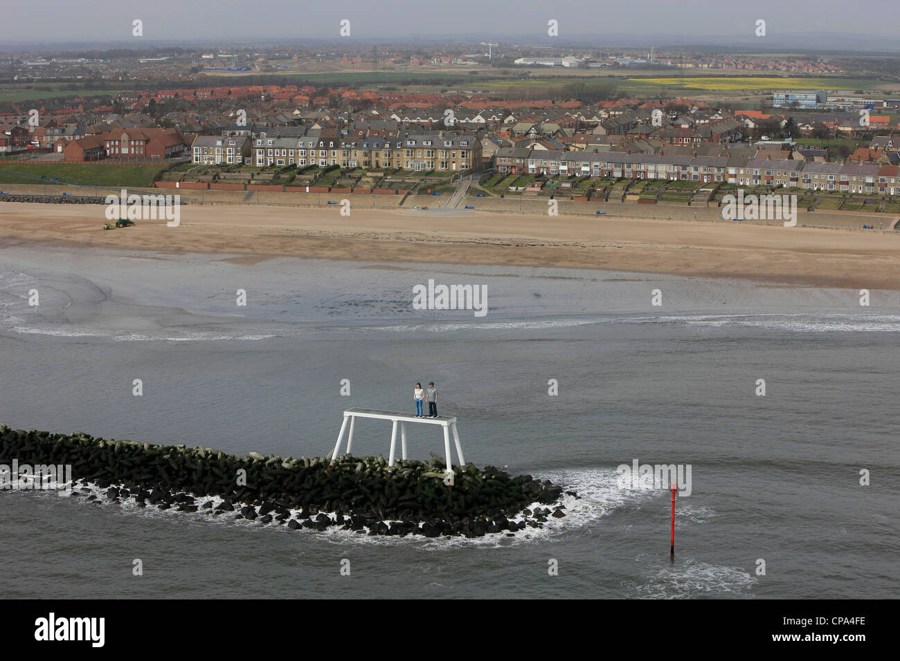 Aerial image showing sculpture at NewbigginByTheSea Stock Photo Alamy