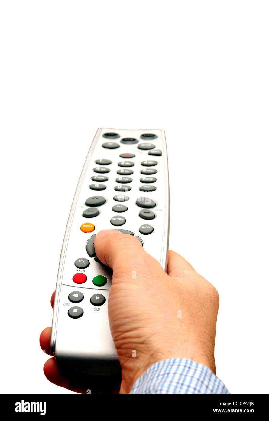 male hand holding a remote control Stock Photo