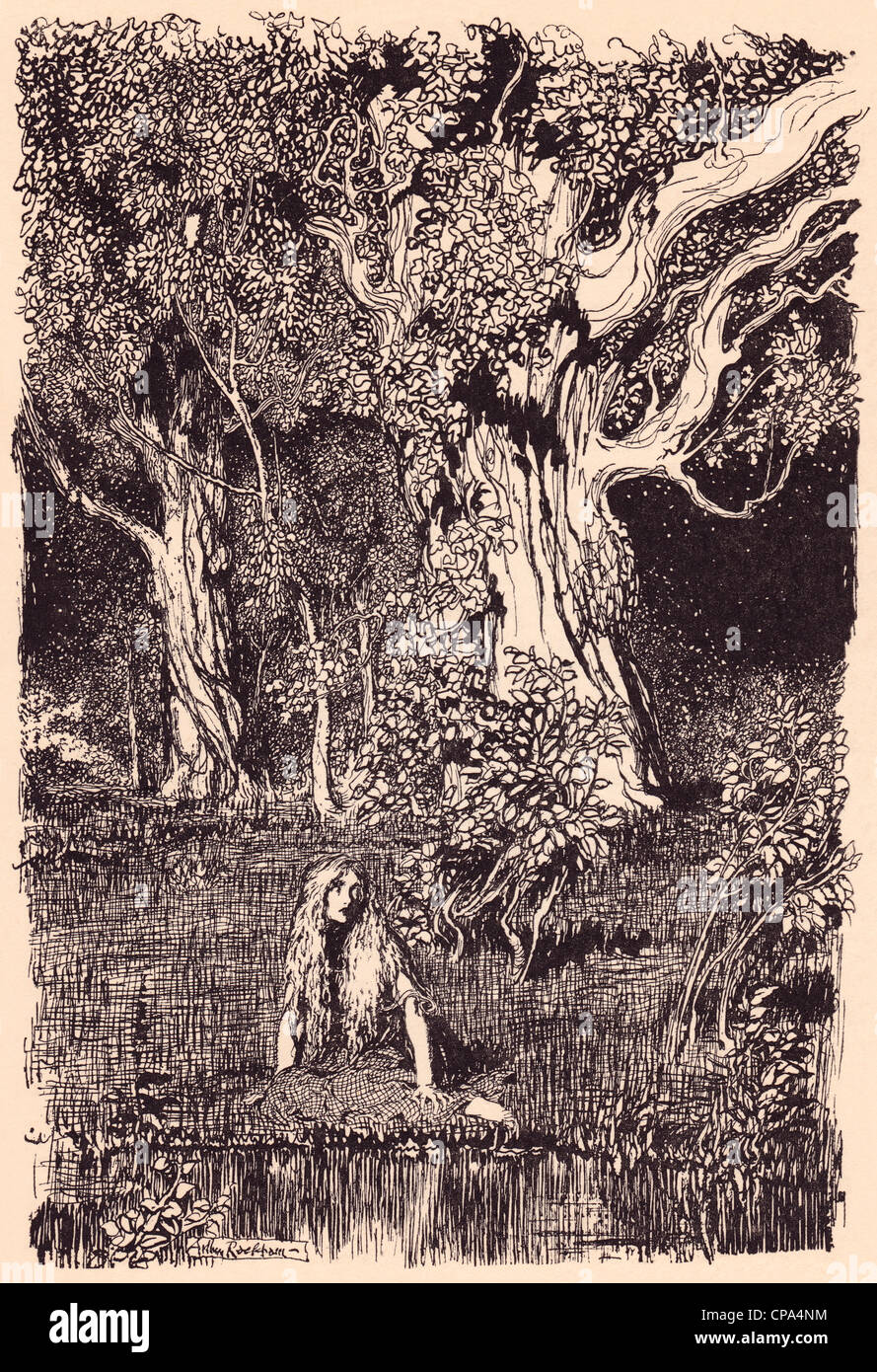 Illustration by Arthur Rackham from Grimm's Fairy Tale The Goose Girl at the Well. Stock Photo