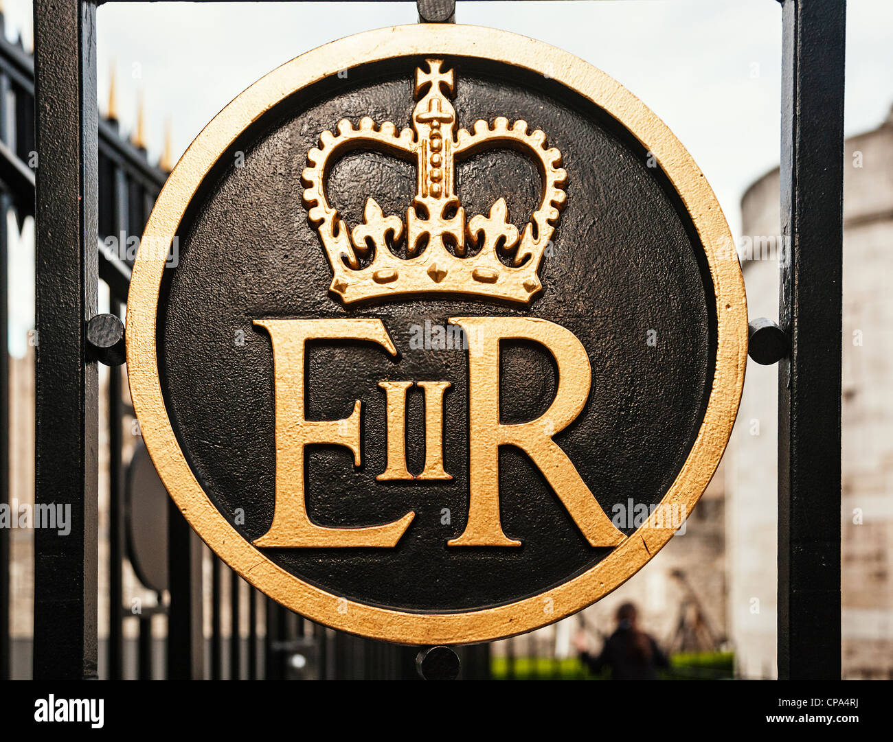 Elizabeth II Regina ER royal insignia on the gates of the Tower of London London, England. ER Stock Photo