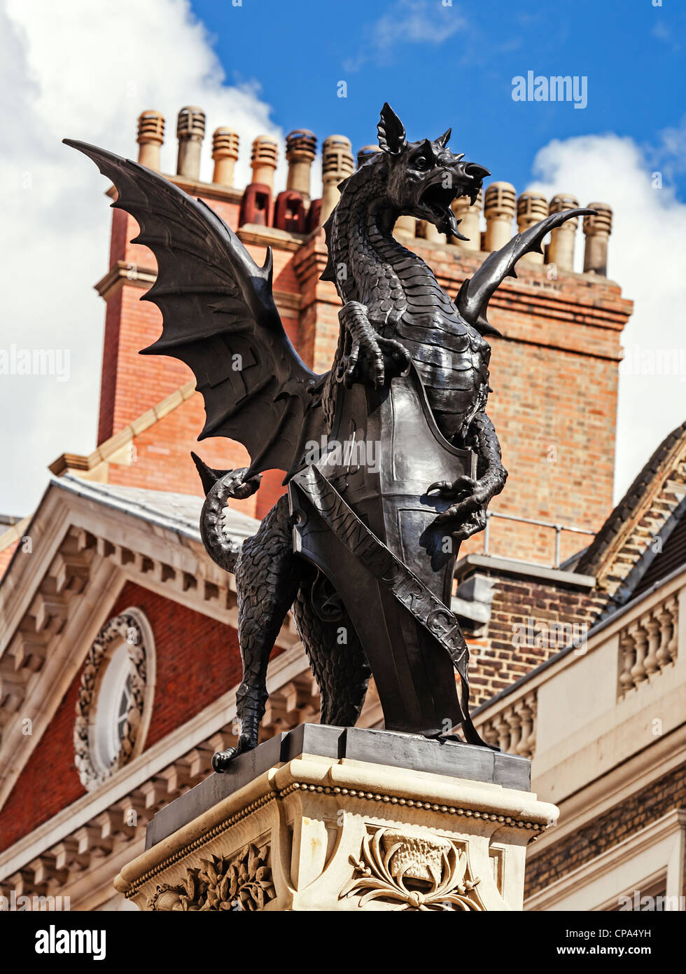 Dragon or Griffin atop the Temple Bar monument at the boundary between Westminster and the City of London, England. Stock Photo