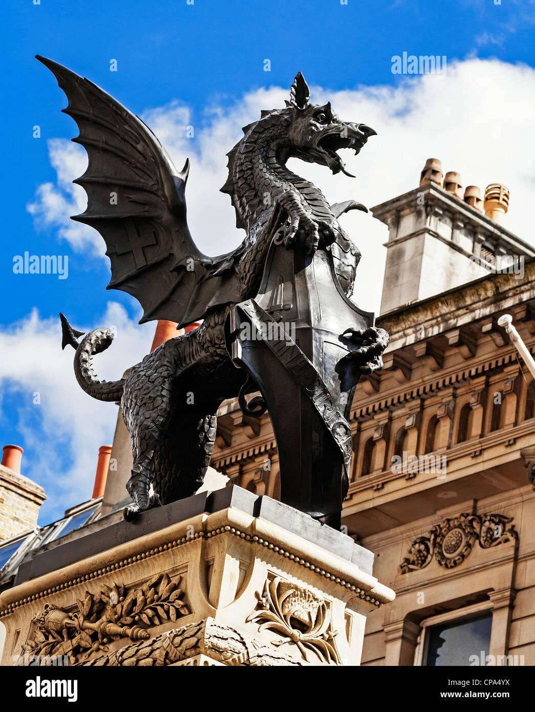 Dragon or Griffin atop the Temple Bar monument at the boundary between Westminster and the City of London, England. Stock Photo