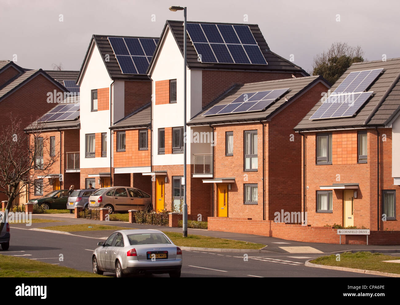 New housing with Photovoltaic solar panels systems on roof, Birmingham, England, UK Stock Photo