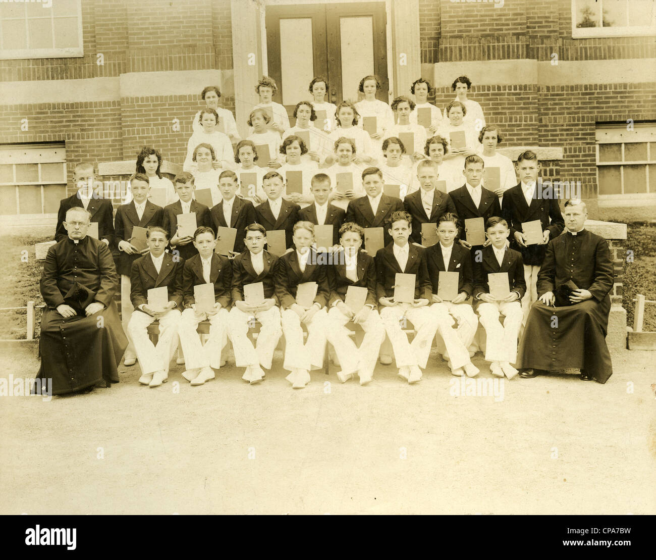 Circa 1910s photograph of students at a Catholic school in Marlborough, Massachusetts. Stock Photo