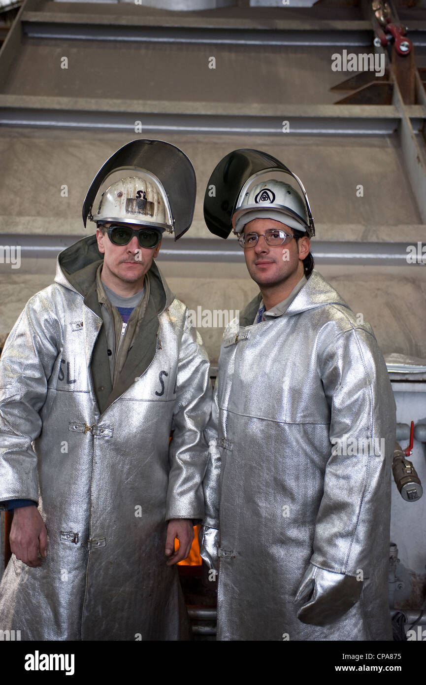Workers at ThyssenKrupp Steel AG in protective clothing, Duisburg, Germany Stock Photo