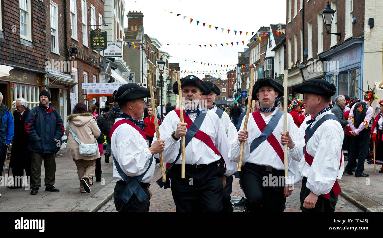 Cinque Port Morrismen dancing at the Sweeps Festival in Rochester Kent Stock Photo