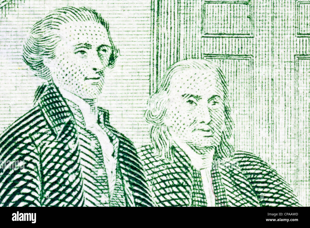Wild Colonials Thomas Jefferson and Benjamin Franklin extreme macro of the US Two Dollar Bill. Stock Photo