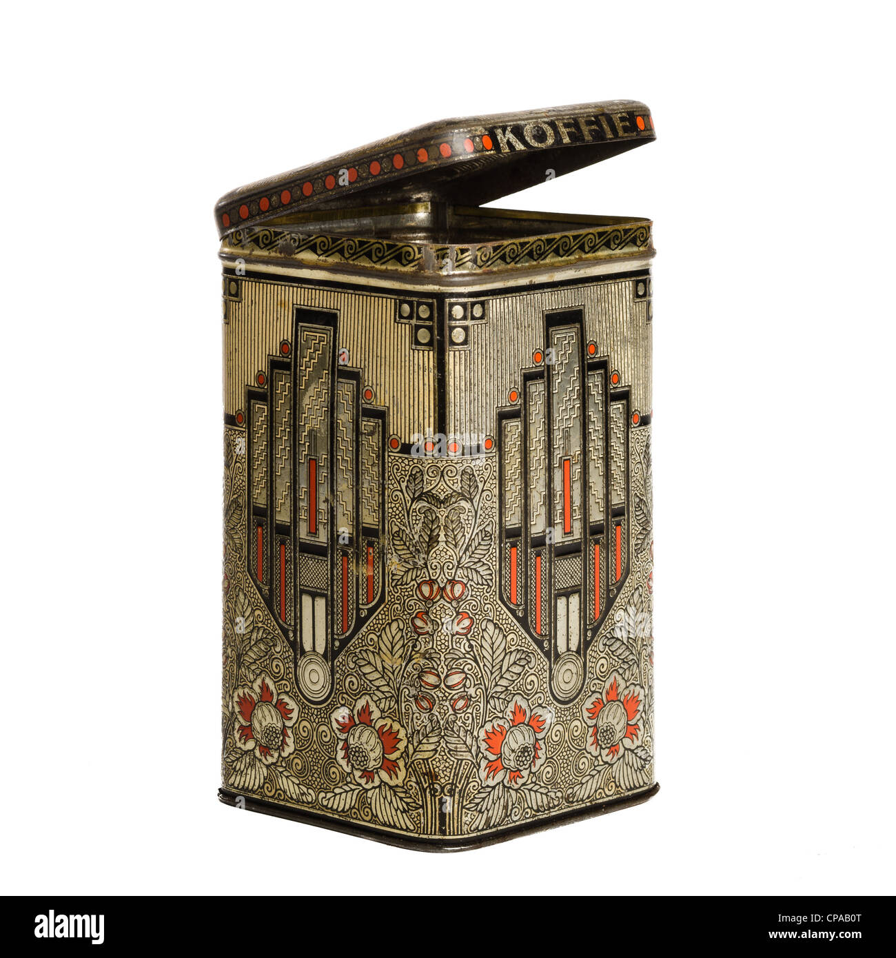 Open empty art deco tin box for coffee and tea Stock Photo
