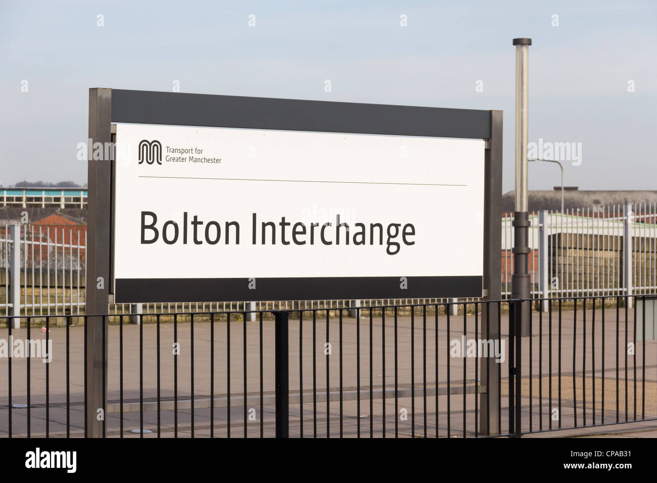 Sign at the entrance to the current small bus/rail interchange on Newport Street Bolton. A new interchange is under development. Stock Photo