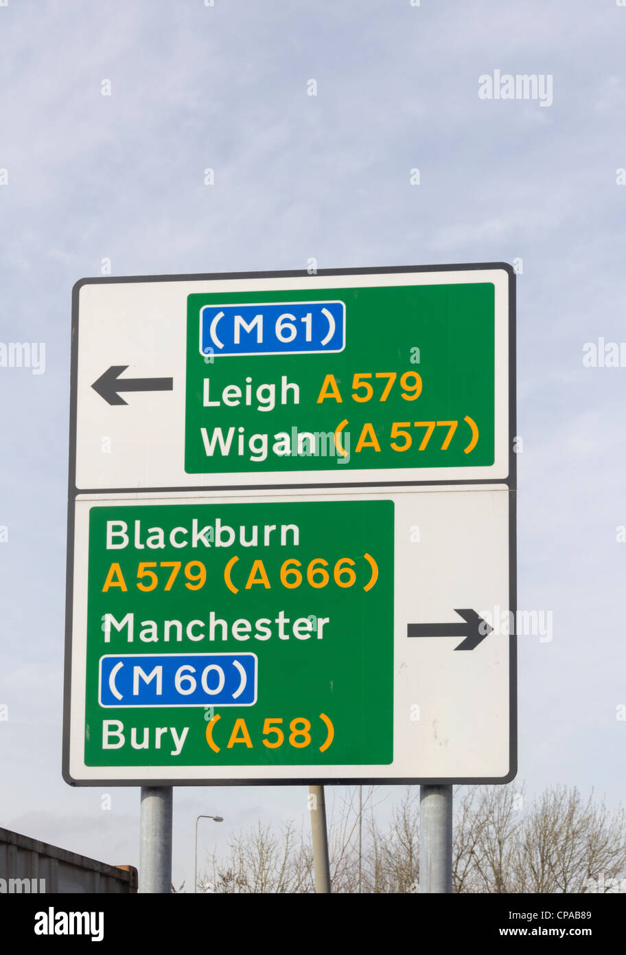Primary route road direction sign in Bolton town centre, signing the