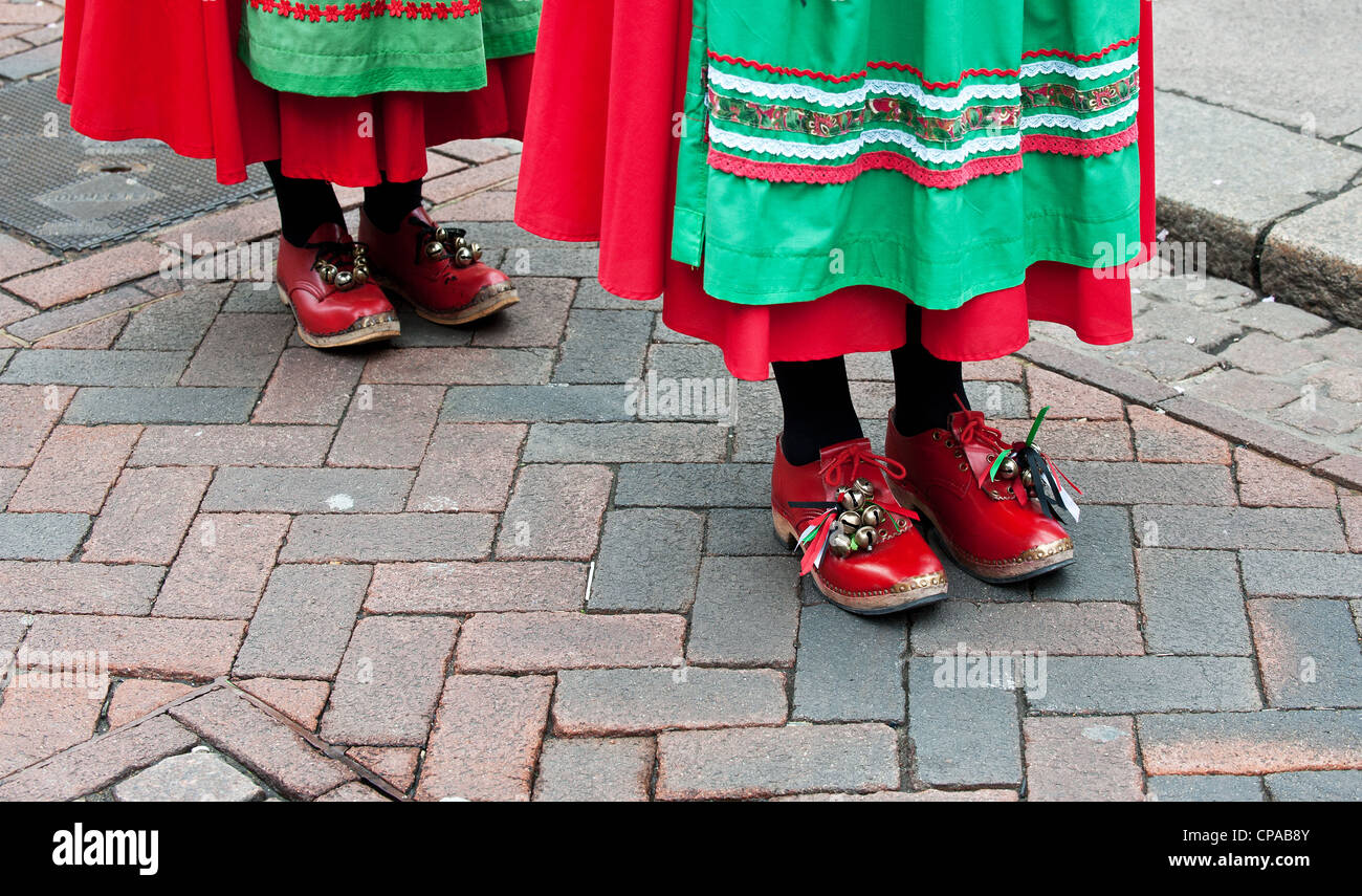 Traditional clogs worn my female morris dancers at the Sweeps Festival in Rochester Kent Stock Photo