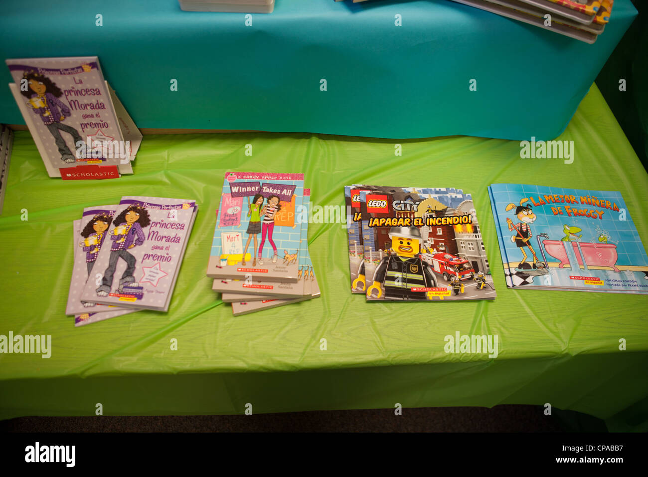 Assortment of Spanish Language childrens' books at a school book Fair. Stock Photo