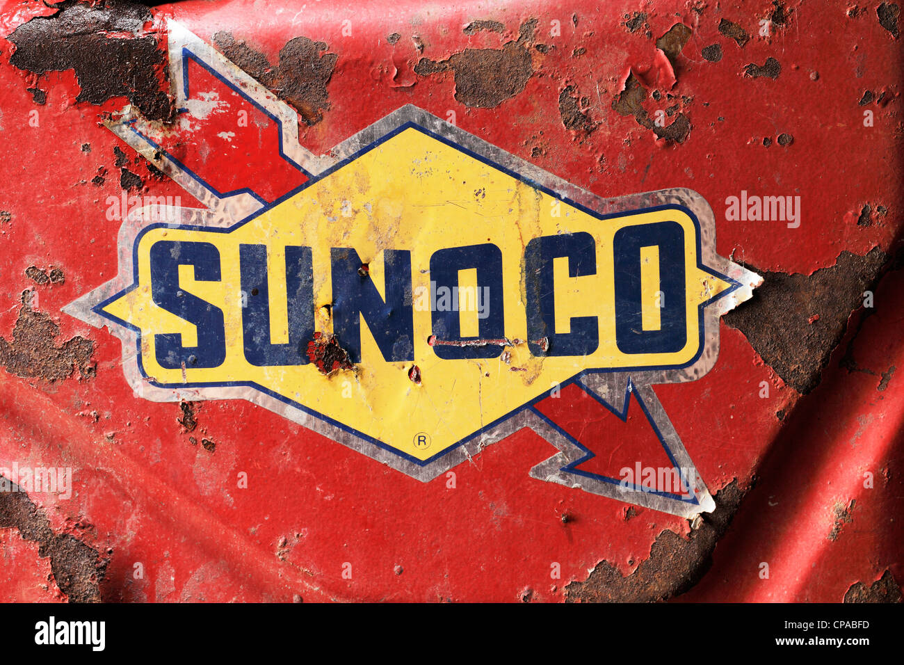 Detail of old jerry can with Sunoco (Sun Oil Company) logo Stock Photo