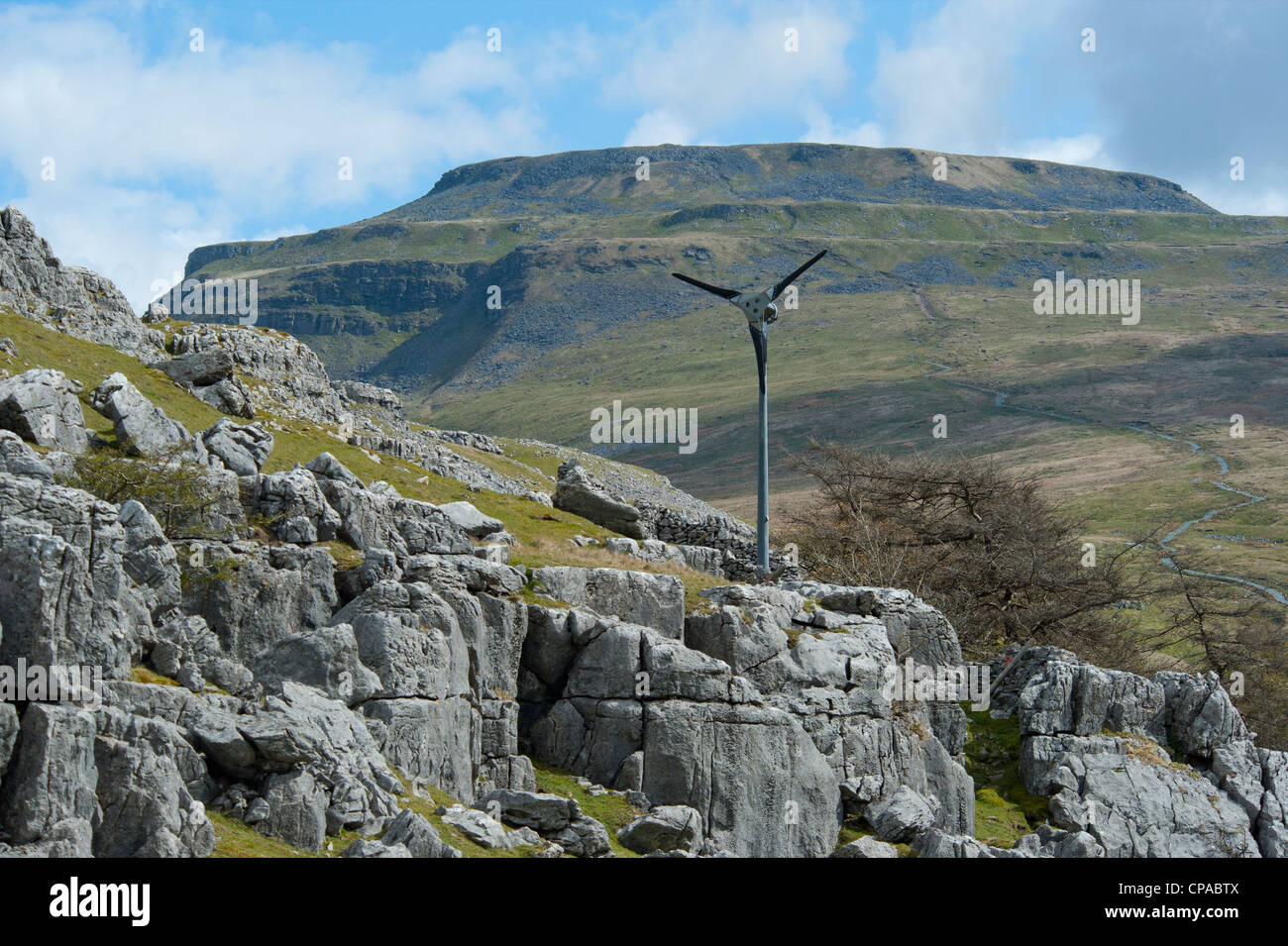 Wind turbine at Crina Bottom. Ingleton, Yorkshire Dales National Park, North Yorkshire, England, United Kingdom, Europe. Stock Photo