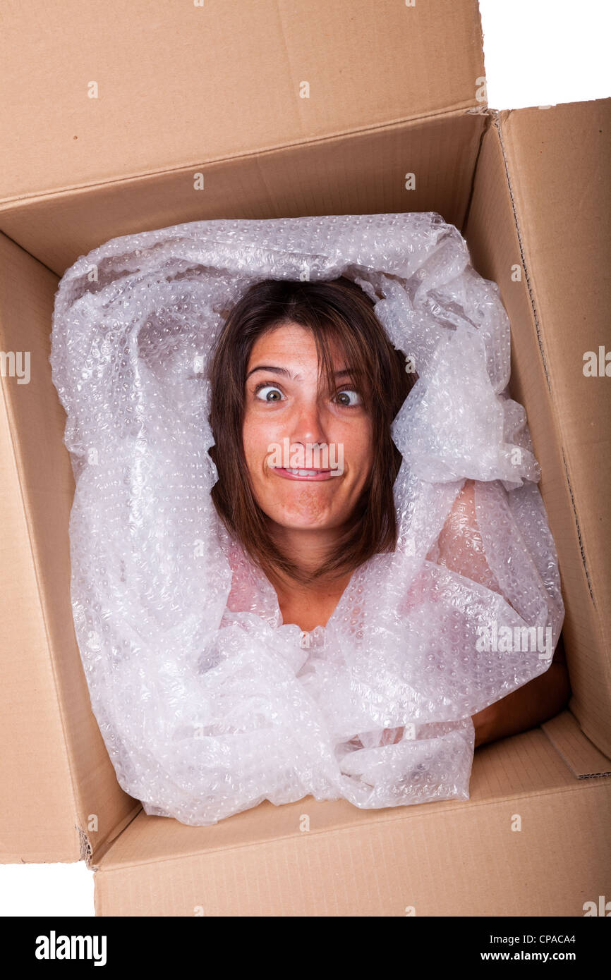 woman face inside a cardboard box smiling Stock Photo Alamy
