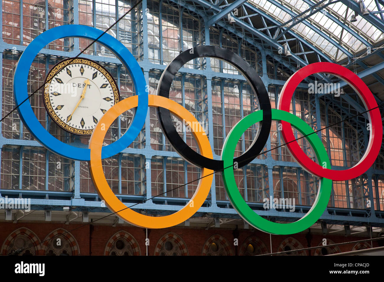 Giant set of Olympic Rings at St Pancras station, central London, United Kingdom Stock Photo