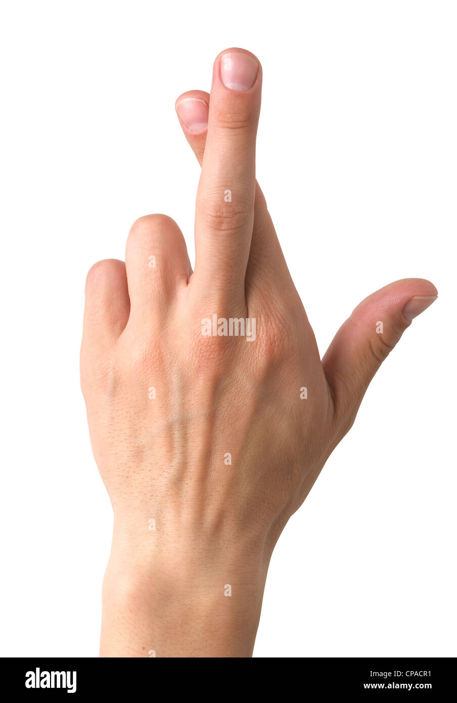 a gesturing good luck symbol fingers crossed human hand on white clipping path Stock Photo
