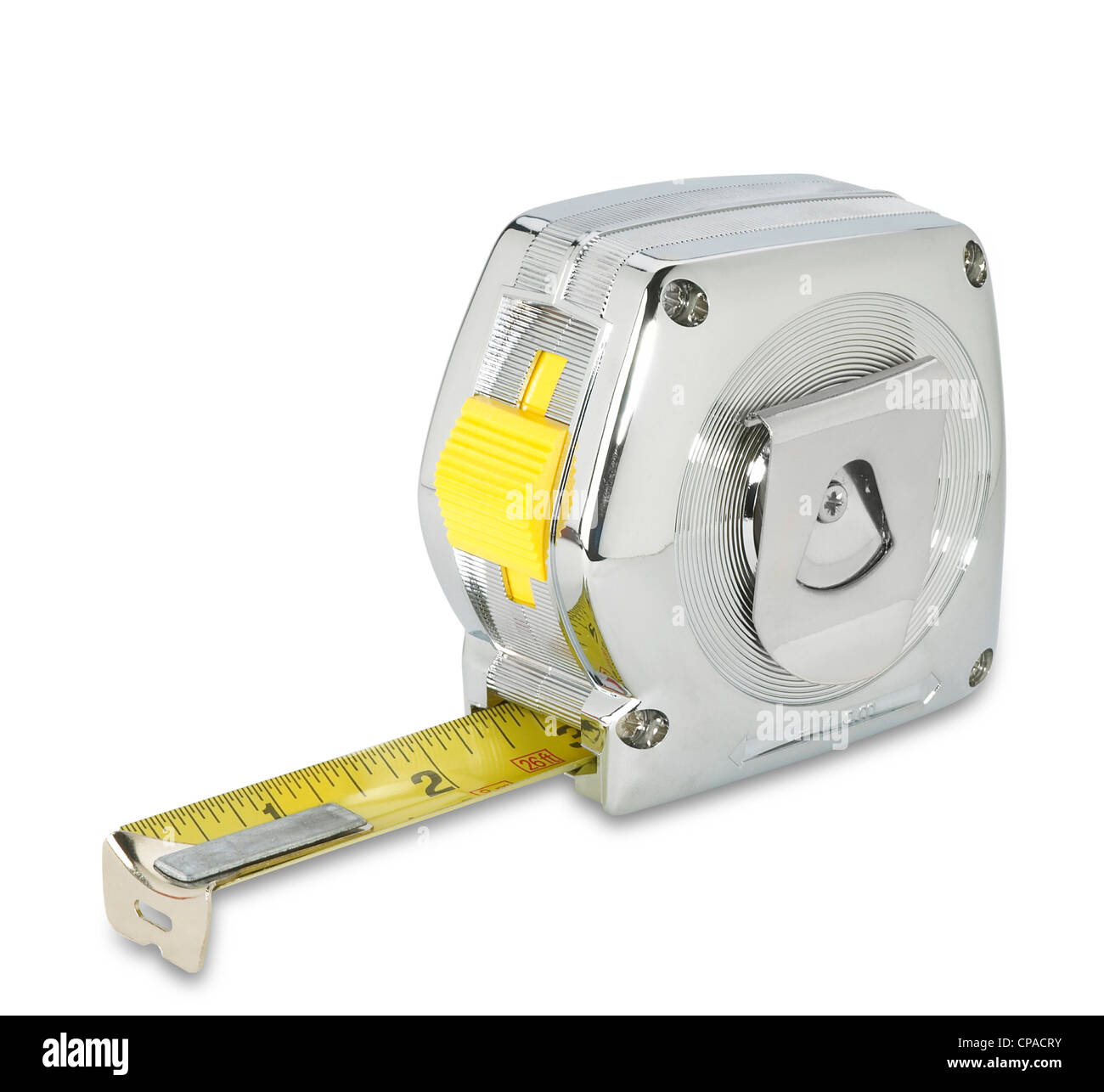 a chrome silver retro tape measure on white with clipping path Stock Photo