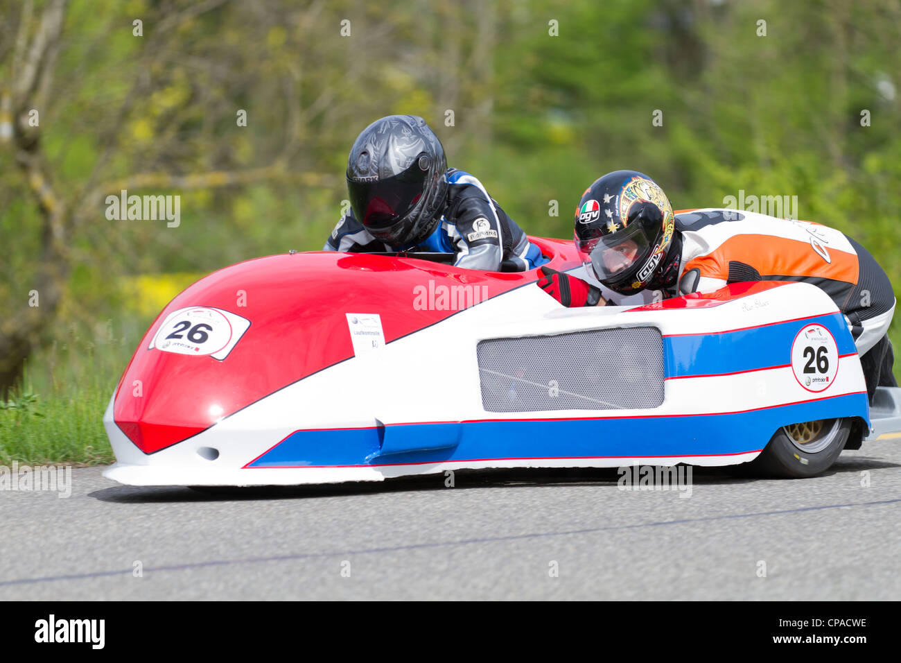 Vintage sidecar motorbike Flückiger/Graf FRG 500 from 1981 at Grand Prix in Mutschellen, SUI on April 29, 2012. Stock Photo