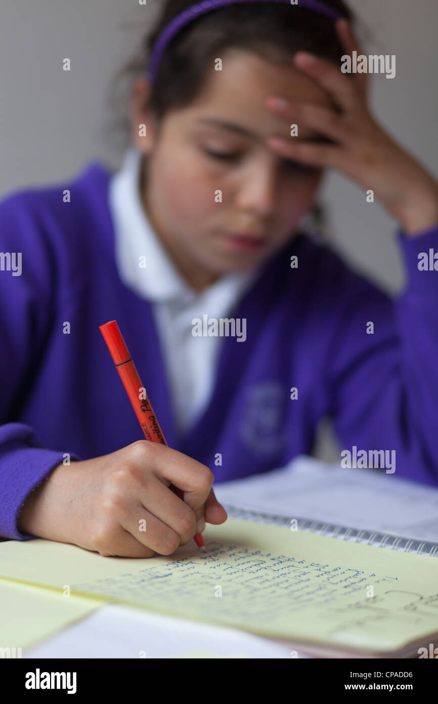 Schoolgirl works on her homework Stock Photo